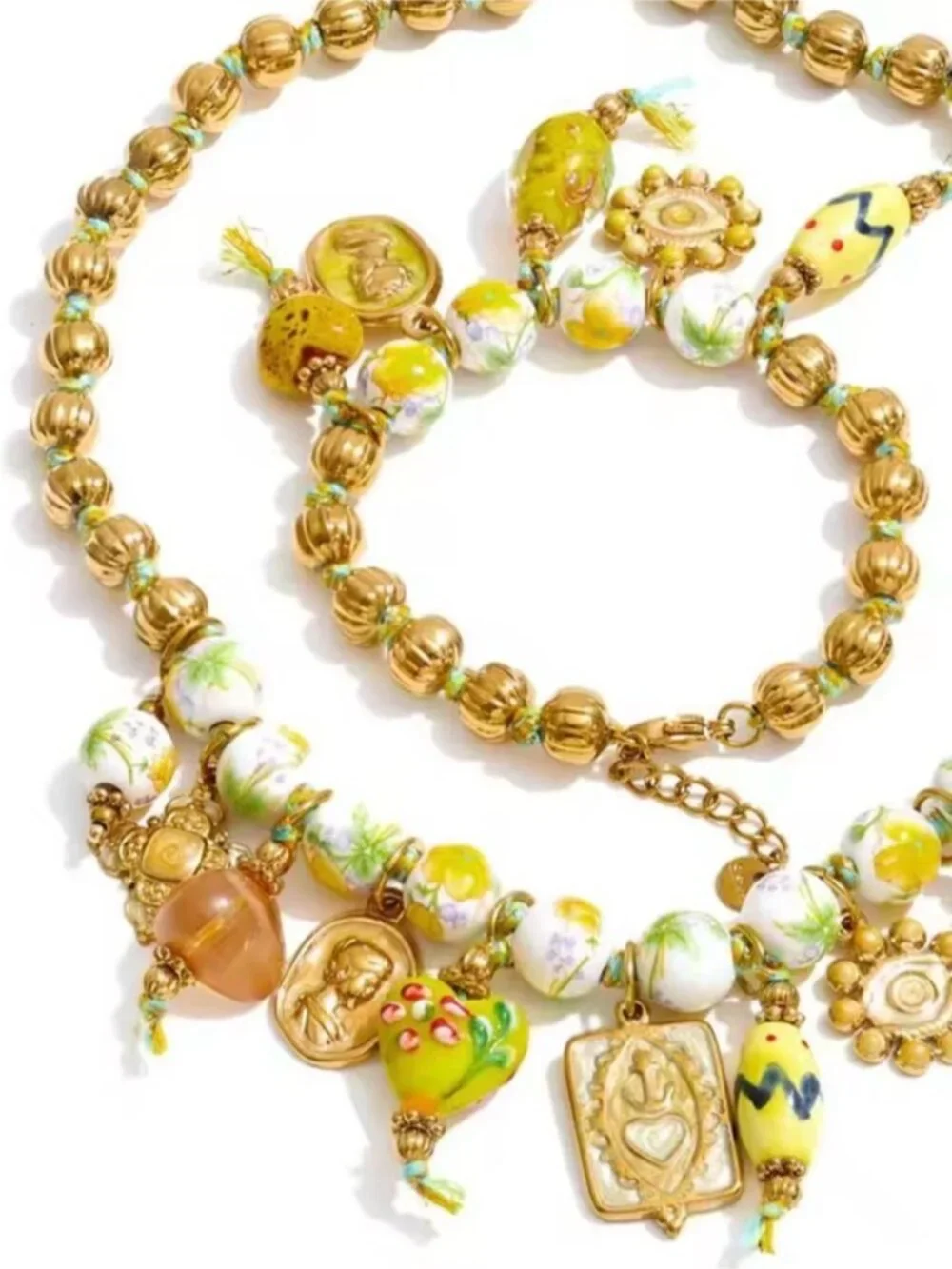 Gold-tone Necklace with Green, Yellow and White Beaded Charms